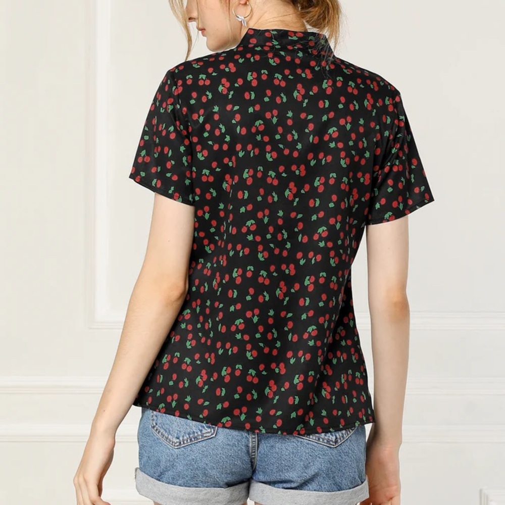 Allegra K Cherry Print Bow Tie Short Sleeve Black Chiffon Blouse | M - Picture 2 of 7